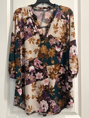 Paisley Grace XL Floral Tunic Top Boho V-Neck Long Sleeve Boutique